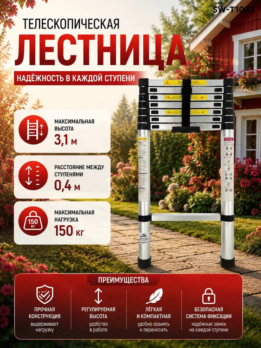 Универсальная лестница 8 ступеней телескопическая 3,1 м