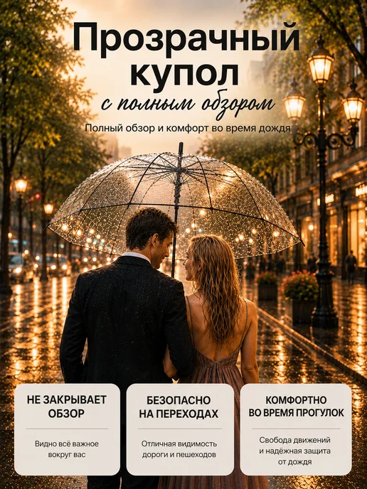 LuxAP Зонт прозрачный на свадьбу складной трость, черный, фото 2