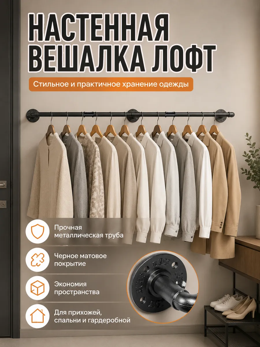 Вешалка черная для магазина, рейл для одежды