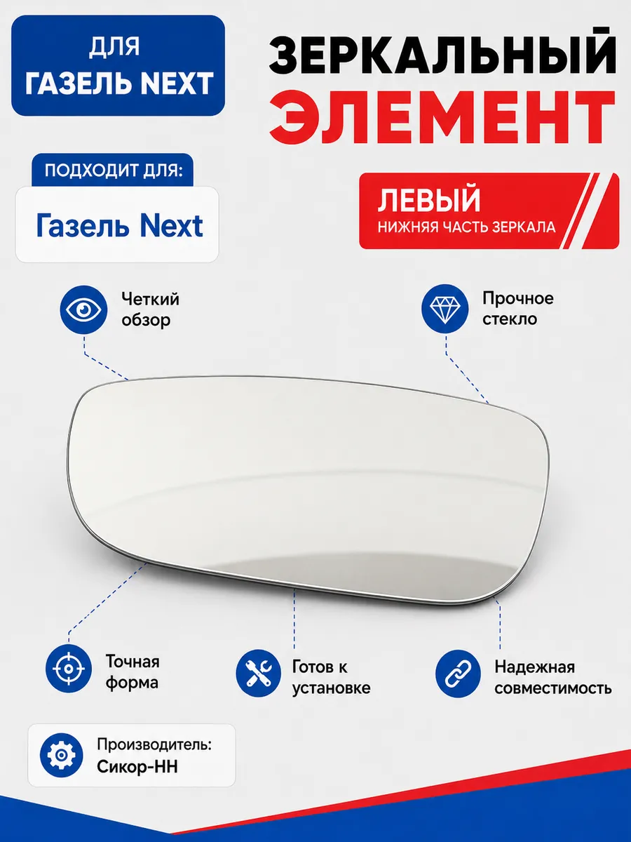 Зеркальный элемент для а/м Газель Next с/об левый нижний