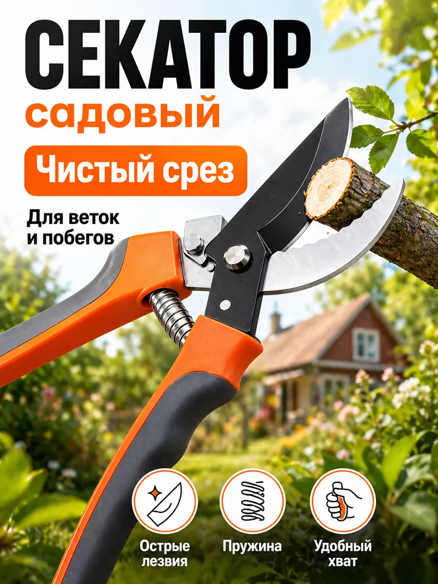 Секатор садовый ручной с блокировкой лезвий, оранжево-серый