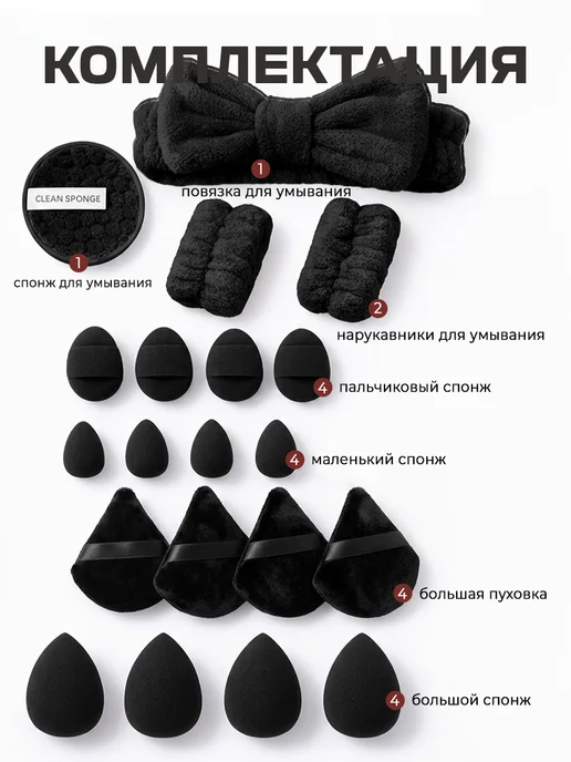 JENNY HAIR Набор спонжей для макияжа и пуховок с повязкой, черный, фото 2