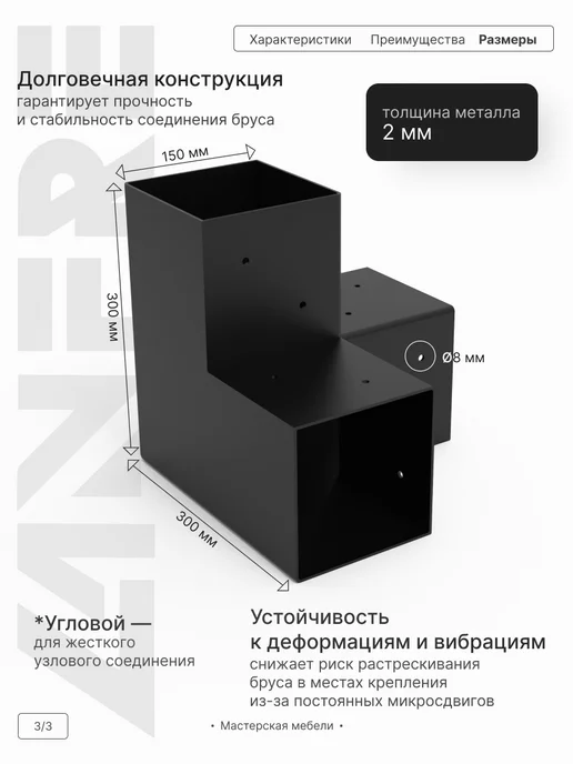 LANFRE Комплект коннекторов угловых для бруса 150 х 150мм, черный, фото 2