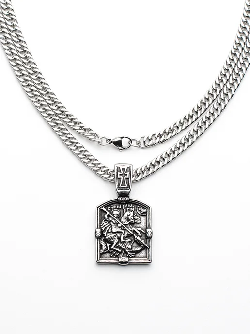 NEW COLLECTION №1 Цепь на шею с иконой Георгий Победоносец сталь освящена, серый, фото 5