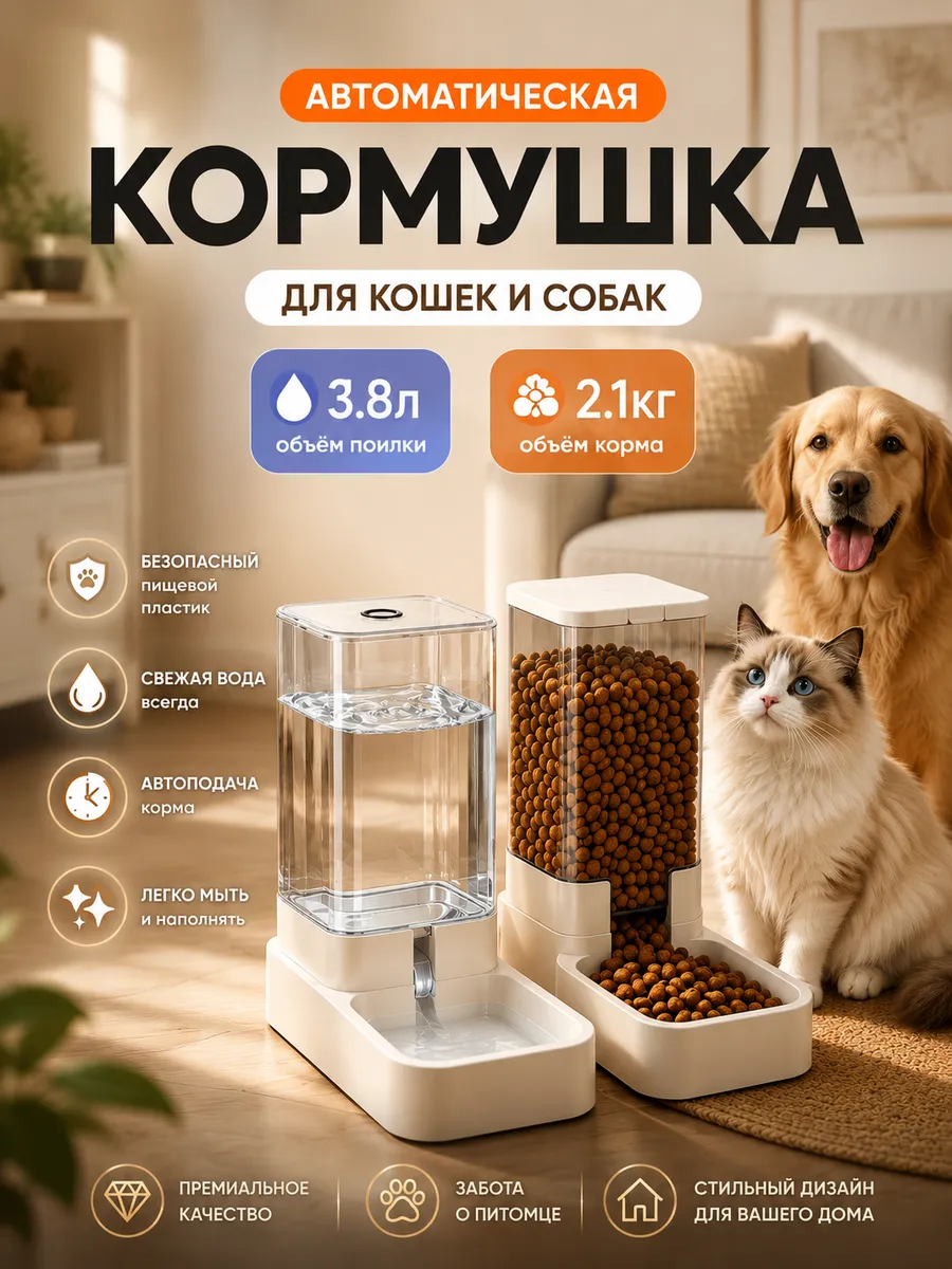 Автоматическая кормушка для кошек с поилкой и дозатором