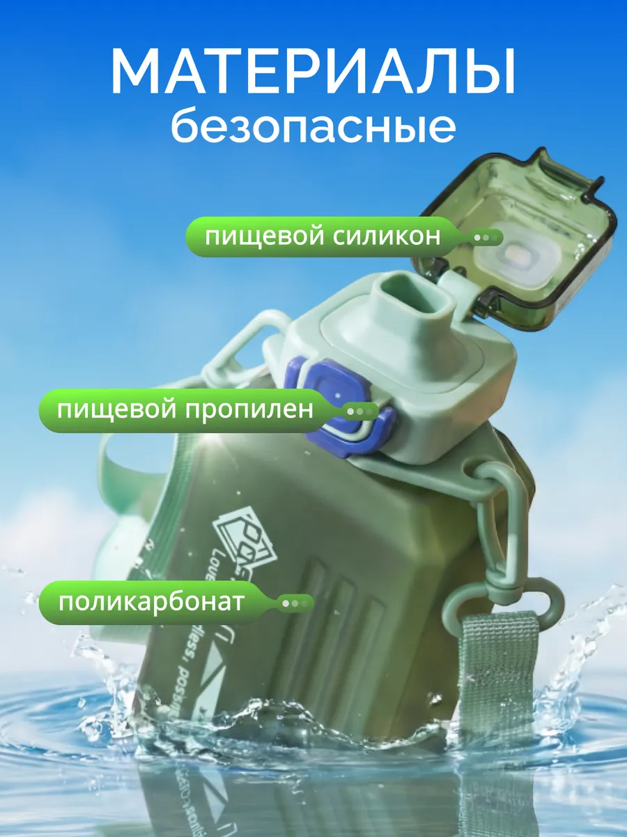 Спортивная бутылка для воды 500 мл плоская с ремешком