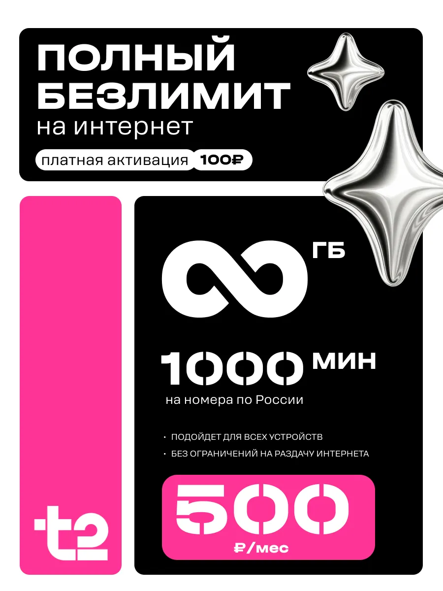 СИМ-карта Т2 безлимитный интернет SMS стартовый пакет