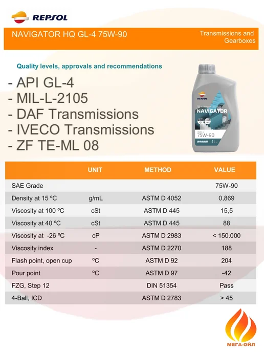 REPSOL NAVIGATOR HQ GL-4 75W-90 Масло трансмиссионное 1 л, 1 л, фото 3