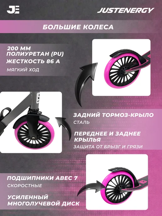 JustEnergy Самокат двухколесный городской с фонарем черно розовый, черный, фото 5