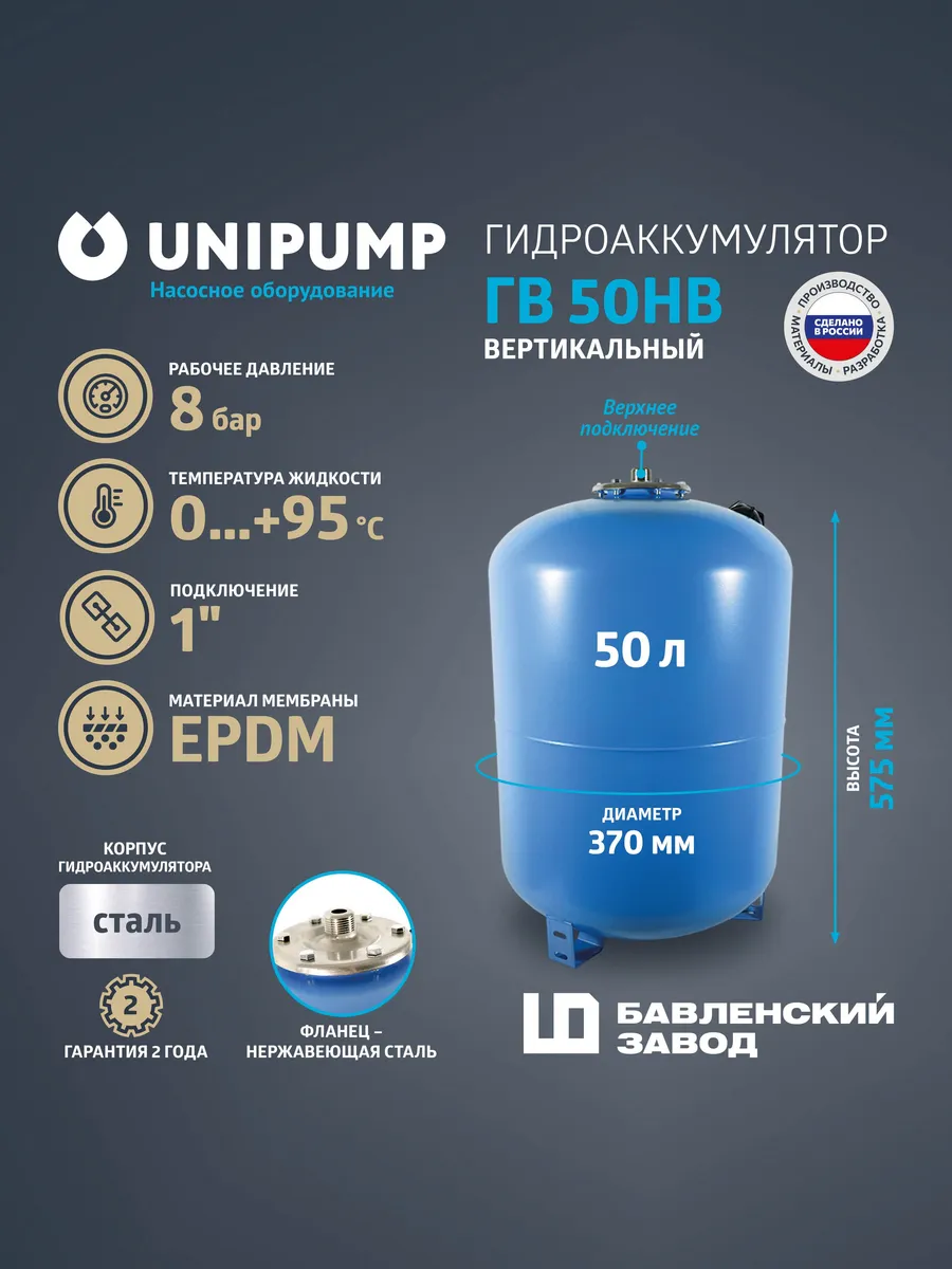 Гидроаккумулятор ГВ 50НВ с нерж. фланцем (верх. подключение)
