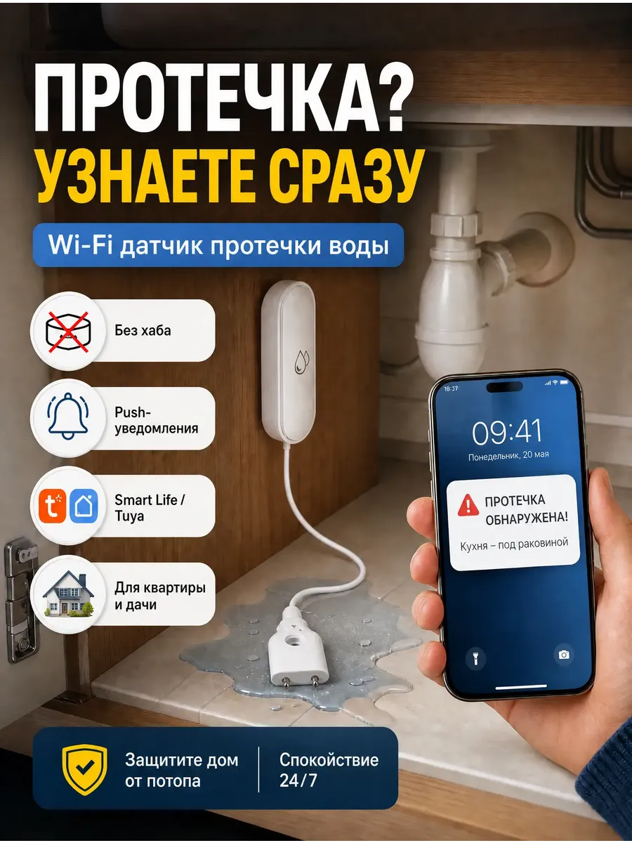 Умный датчик протечки воды с Wi-Fi беспроводной