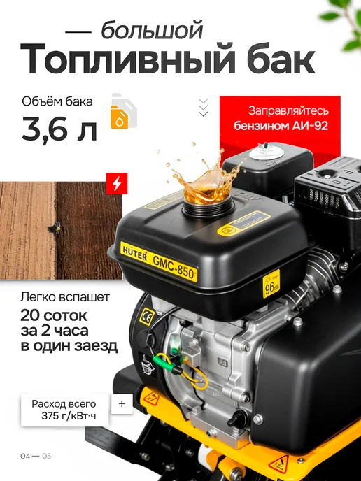 HUTER Мотокультиватор бензиновый GMC-850 6,5 л.с, 6,5 л, фото 4