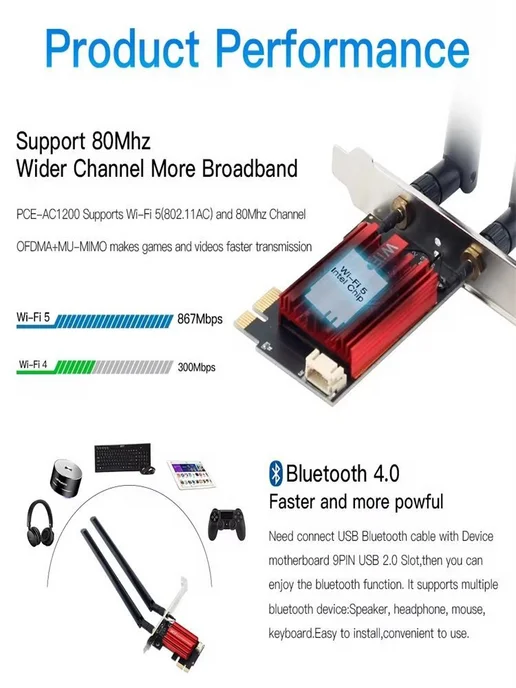 WiFi 5 адаптер AC1200 PCI-E 2.4 5 ГГц Bluetooth 4.0, вариант, фото 3