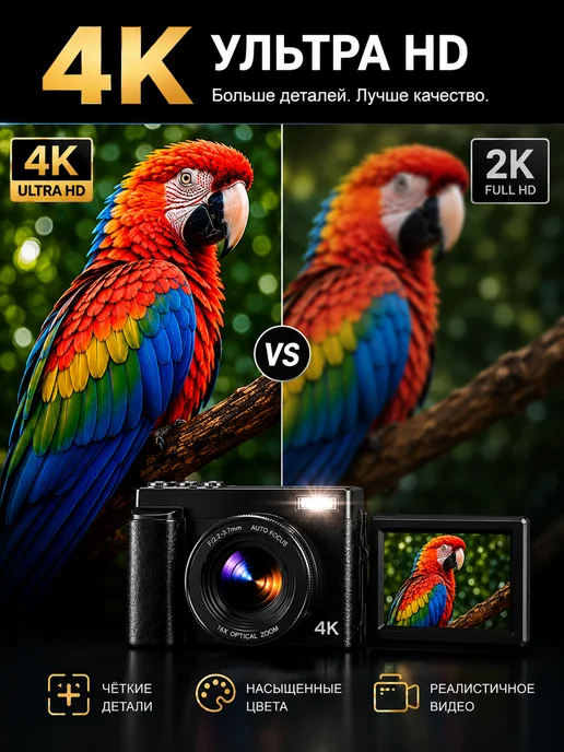 Цифровая камера 4K 64МП WiFi, автофокус, экран, вариант, фото 2