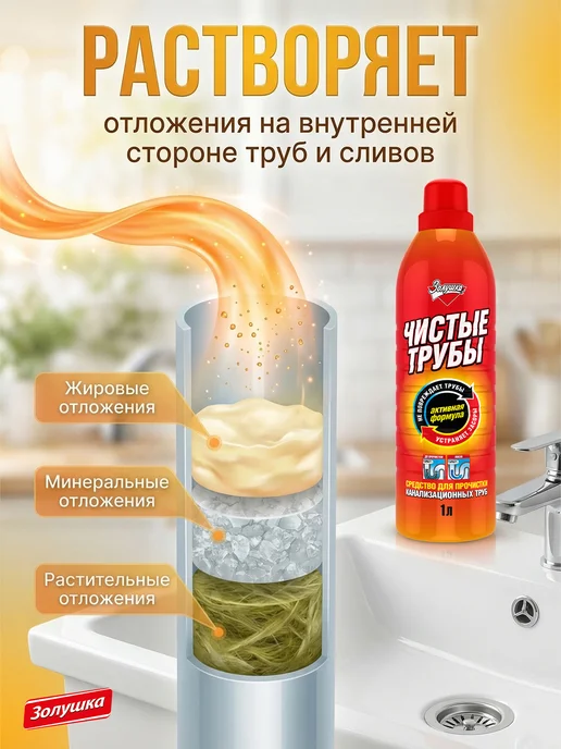 золушка Средство от засоров Чистые трубы, 6 шт, 1 л, фото 2