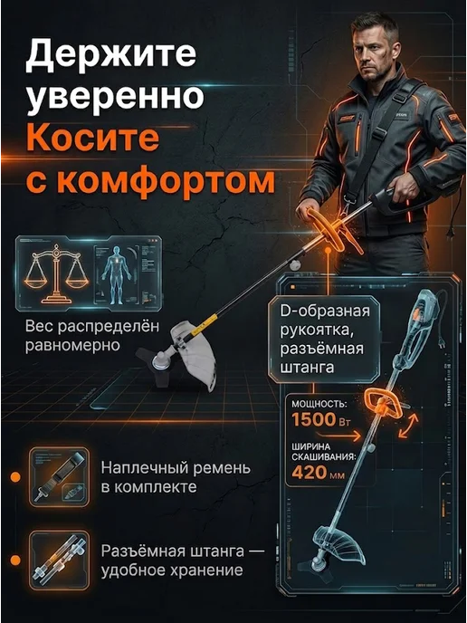 Триммер электрический для травы от сети мощный GET-LS45 Grey — фото 4