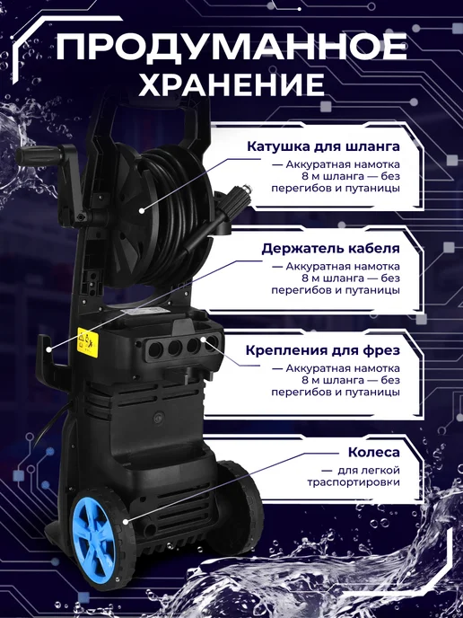 DESOON Мойка высокого давления 195 бар 2400Вт с катушкой для шланга, 2400 Вт, фото 7