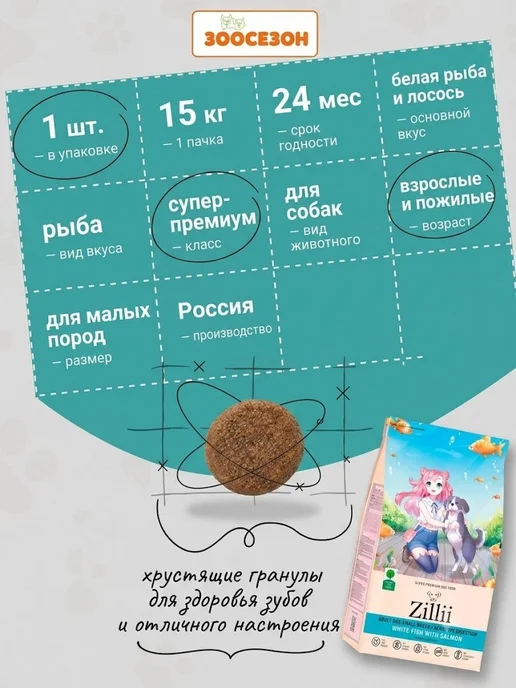 Сухой корм Zillii Dog Белая для собак, взрослые, рыба, 15 кг, фото 2