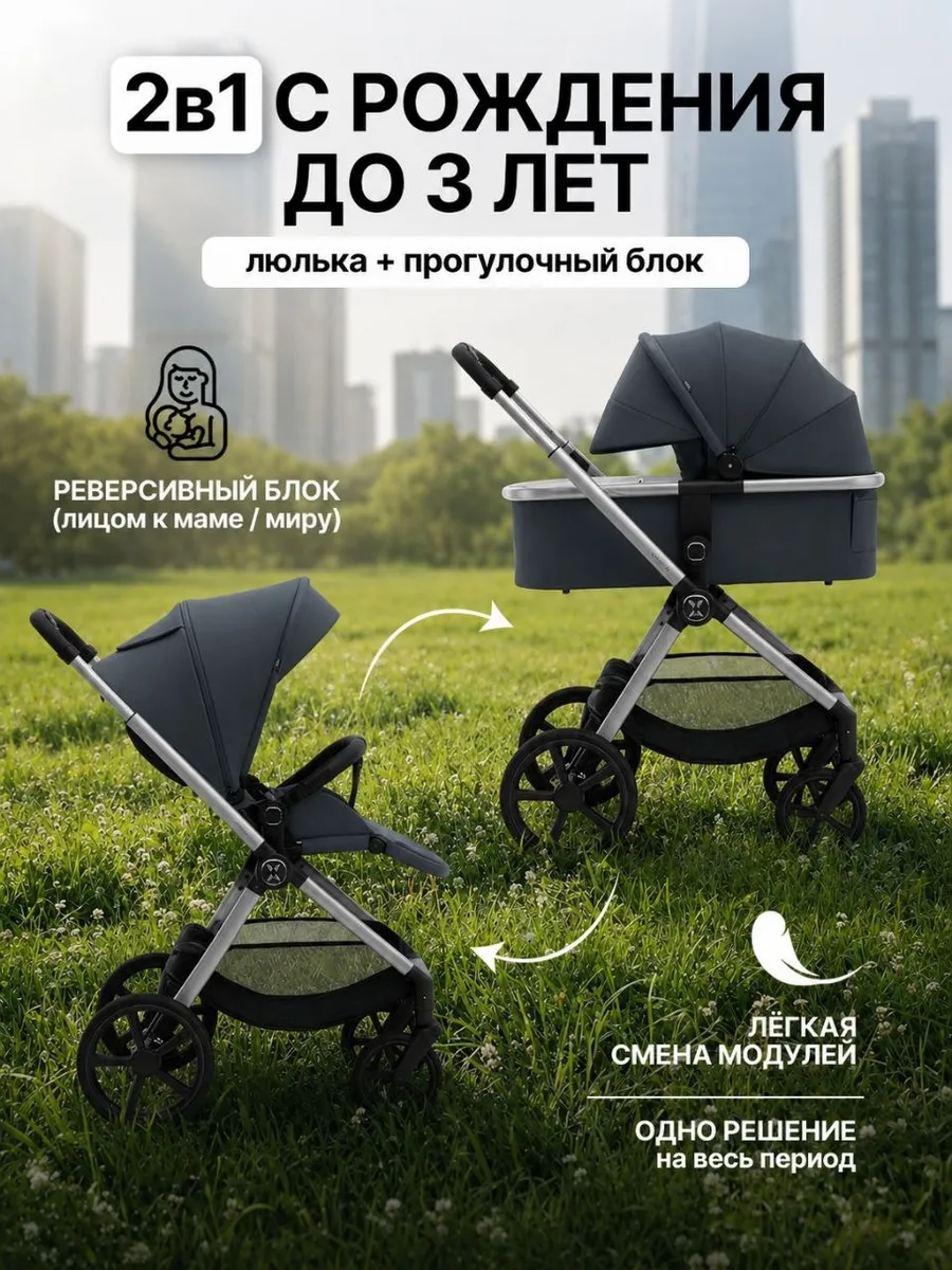 Коляска 2 в 1 Agex Life 2026, тёмно-серая