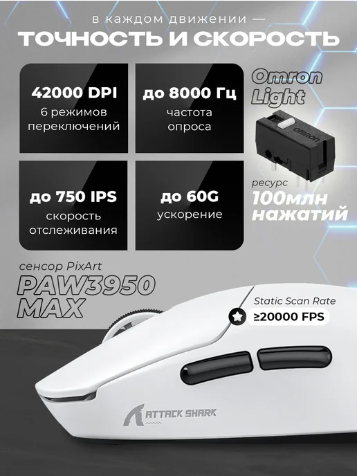 Attack Shark Мышка беспроводная игровая X8 Ultimate Black, PAW3950 MAX, черный, фото 2