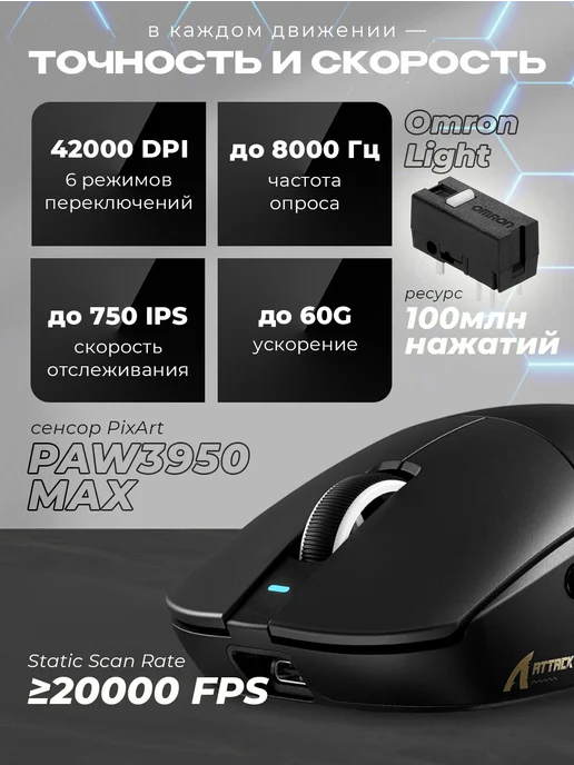 Attack Shark Мышка беспроводная игровая X8 Ultimate Black, PAW3950 MAX, белый, фото 2