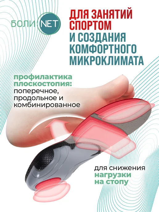 БОЛИ.NET Стельки ортопедические спортивные профилактика плоскостопия, красный, фото 2