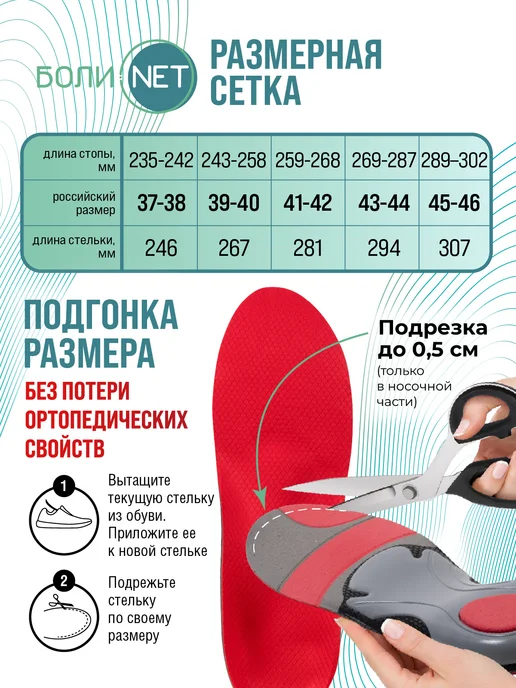 БОЛИ.NET Стельки ортопедические спортивные профилактика плоскостопия, красный, фото 5