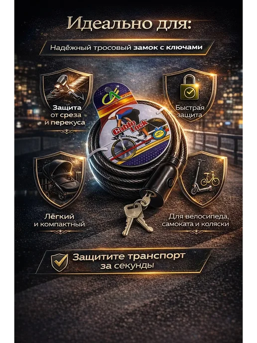 МАГнит! Велосипедный замок тросовый с ключами для колясок, черный, фото 2