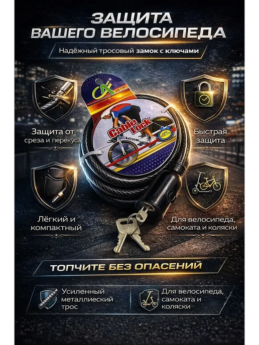 МАГнит! Велосипедный замок тросовый с ключами для колясок, черный, фото 3