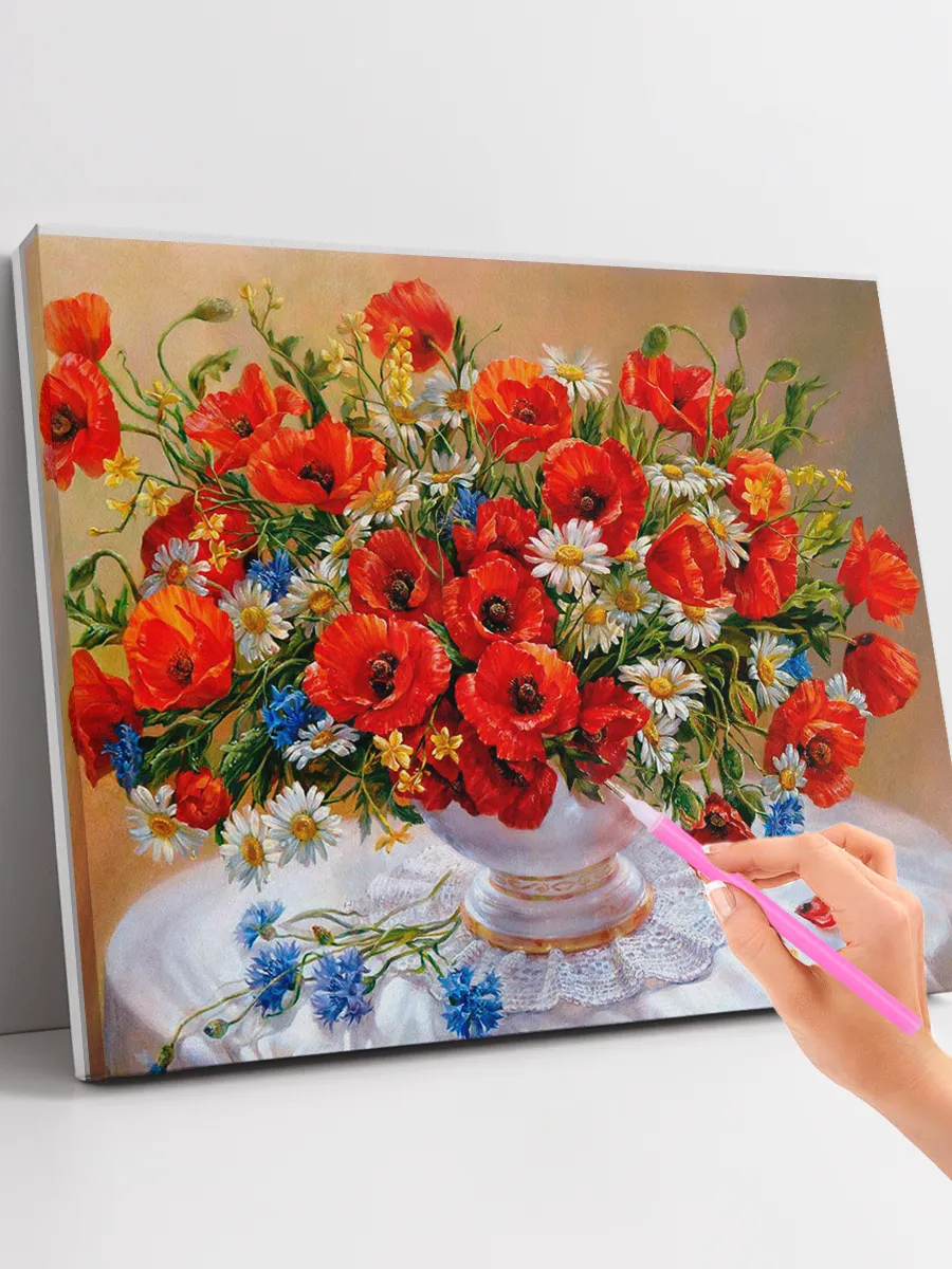 Алмазная мозаика на подрамнике (40x50) Маки и ромашки