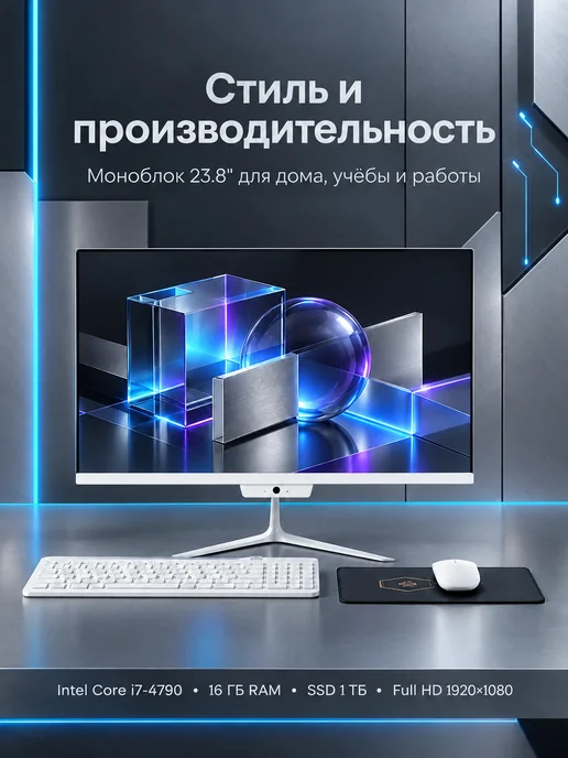 DWO Моноблок 24 дюйма Intel i7 4790 16 Гб RAM 1 ТБ SSD Черный, 16 ГБ, 1 ТБ, белый