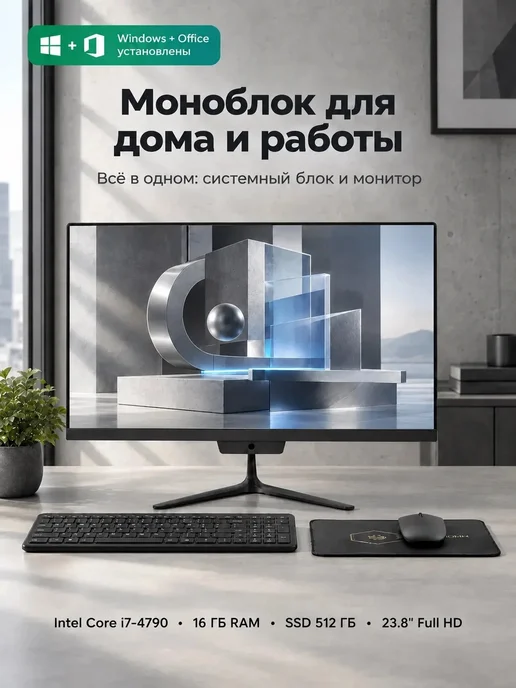 DWO Моноблок 24 дюйма Intel i7 4790 16 Гб RAM, 16 ГБ, 512 ГБ, черный