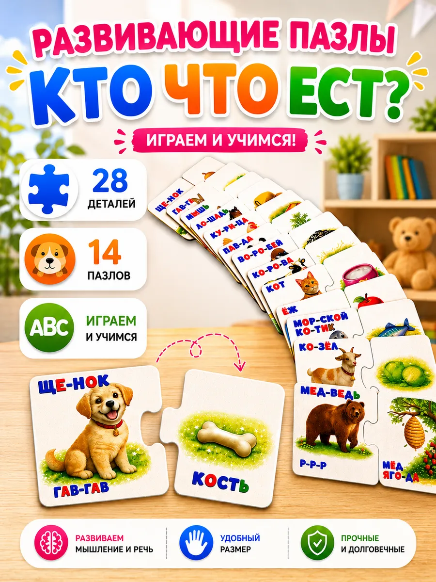 Пазлы деревянные развивающие для детей Кто Что Ест