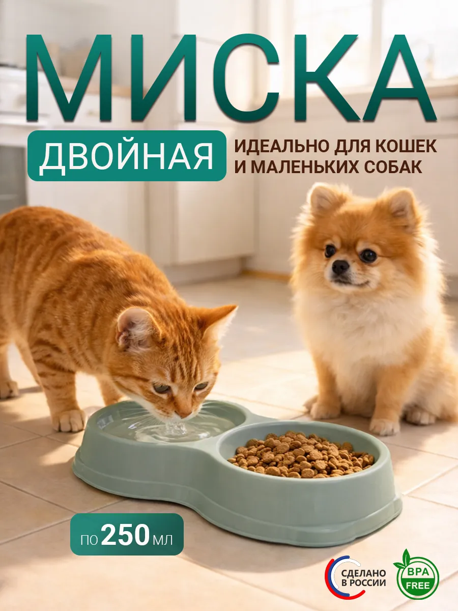 Миска для кошек и собак двойная 250 мл ментоловая бесшумная
