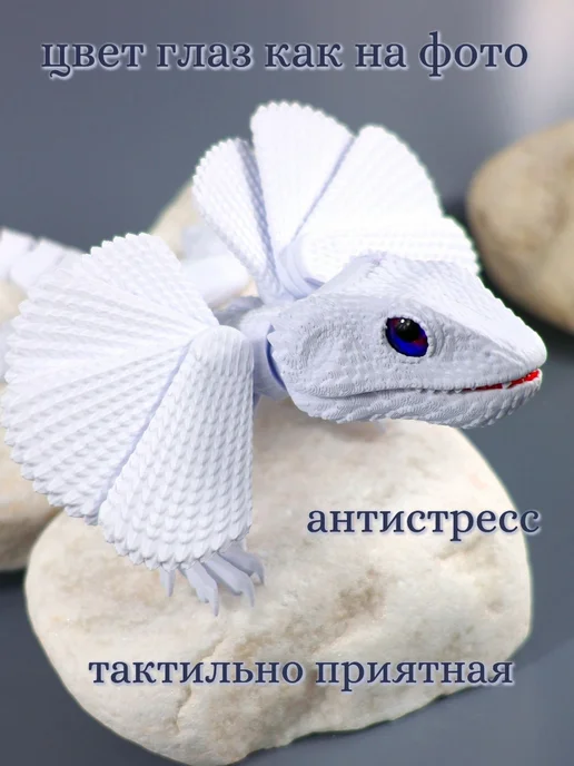 Ящерица плащеносная 3D игрушка подвижная, белый, фото 5
