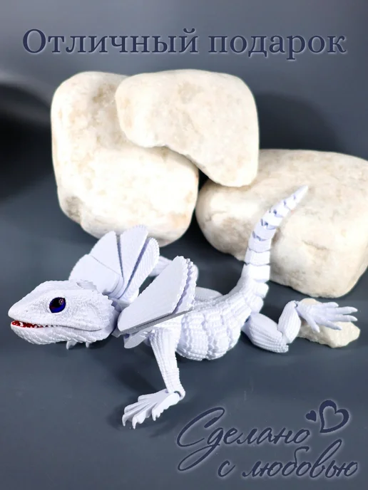 Ящерица плащеносная 3D игрушка подвижная, белый, фото 7