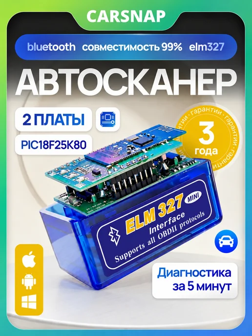Carsnap Автомобильный обд2 сканер elm 327 v1.5 PIC18F25K80, синий