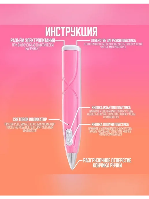 Нет бренда 3D ручка с блоком питания и светящимся пластиком, розовый, фото 2