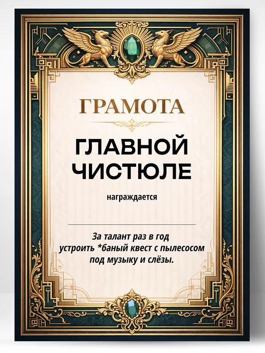 Грамота диплом в подарок - Главной чистюле, вариант