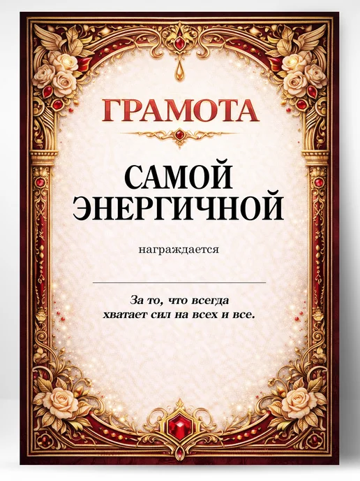 Грамота диплом в подарок - Самой энергичной, вариант