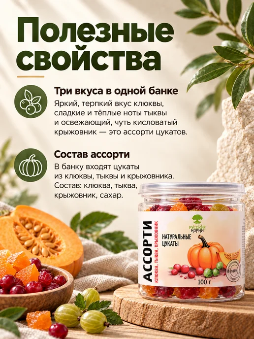 Русские корни Цукаты Ассорти Крыжовник, Клюква, Тыква 100 г, 100 г, фото 2