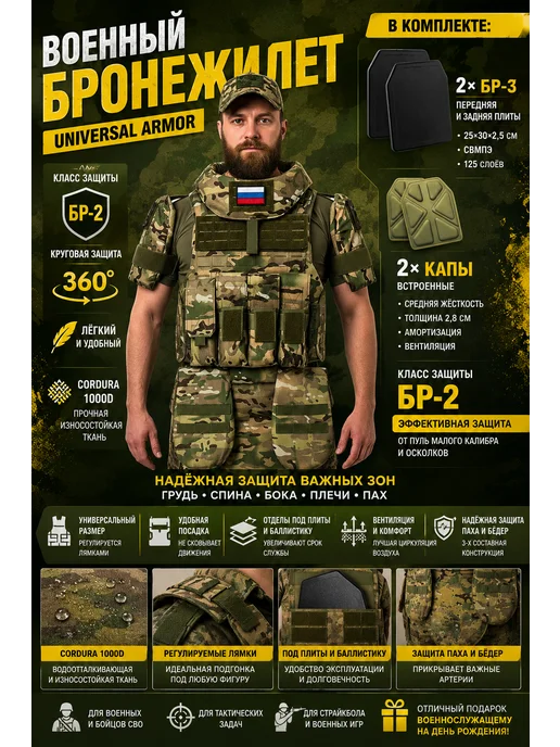 Бронежилет тактический Universal Armor Бр3 СВМПЭ, зеленый