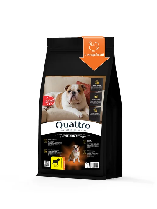 Сухой корм QUATTRO Английский Бульдог для собак, индейка, 12 кг