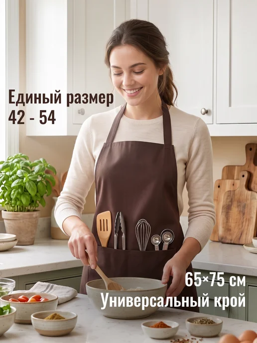Экономь и я Фартук кухонный женский с карманом, коричневый, фото 3