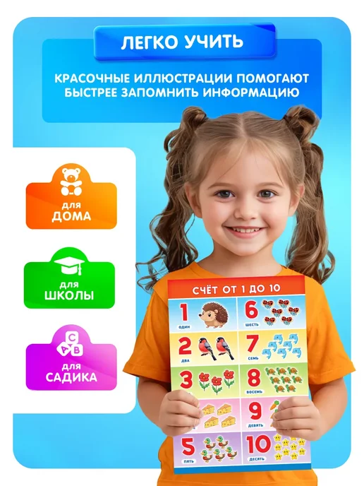 Краски шоу Обучающий плакат Счет от 1 до 10 А4, синий, фото 4