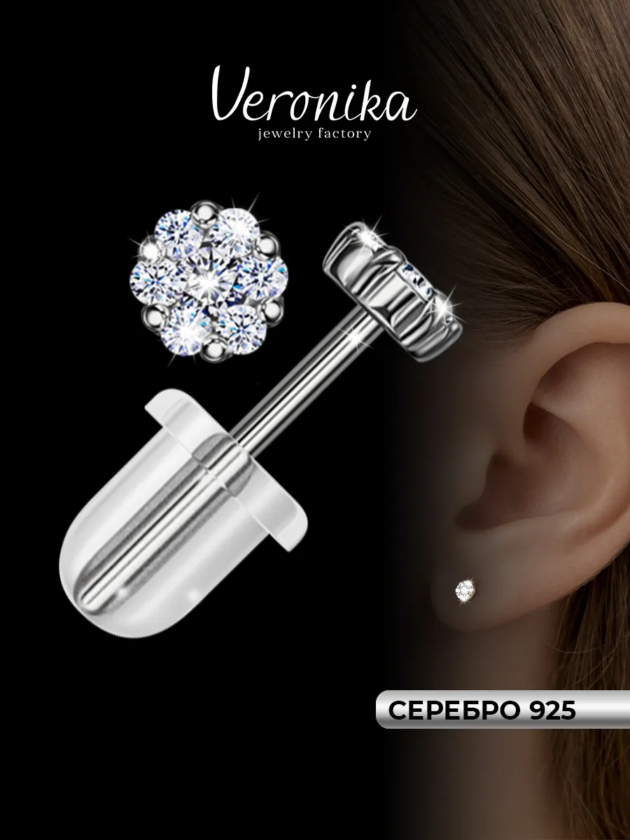 Серьги пусеты серебряные 925 гвоздики с фианитами цветок