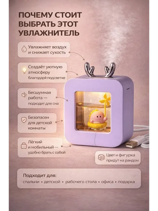 dd77 Увлажнитель воздуха для дома настольный с подсветкой, 250 мл, фото 2