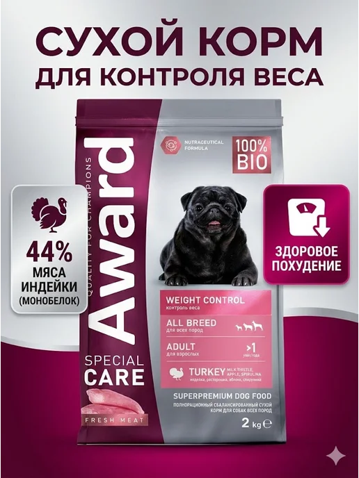 Сухой корм AWARD Кормдля Свежим для собак, индейка, мясо, 2 кг
