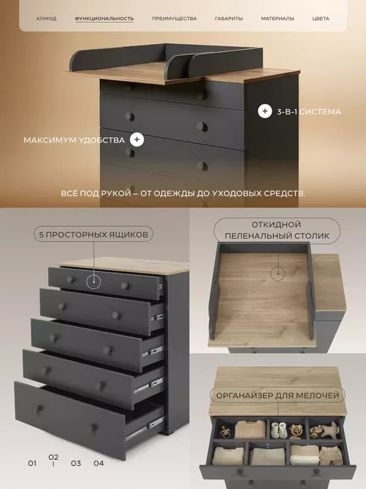 Rant Комод "LEVI" 5 ящиков с органайзером Moon Grey, серый, фото 2