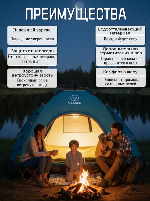 Палатка туристическая 4-х местная автоматическая 200*200*130, 200x200, фото 3